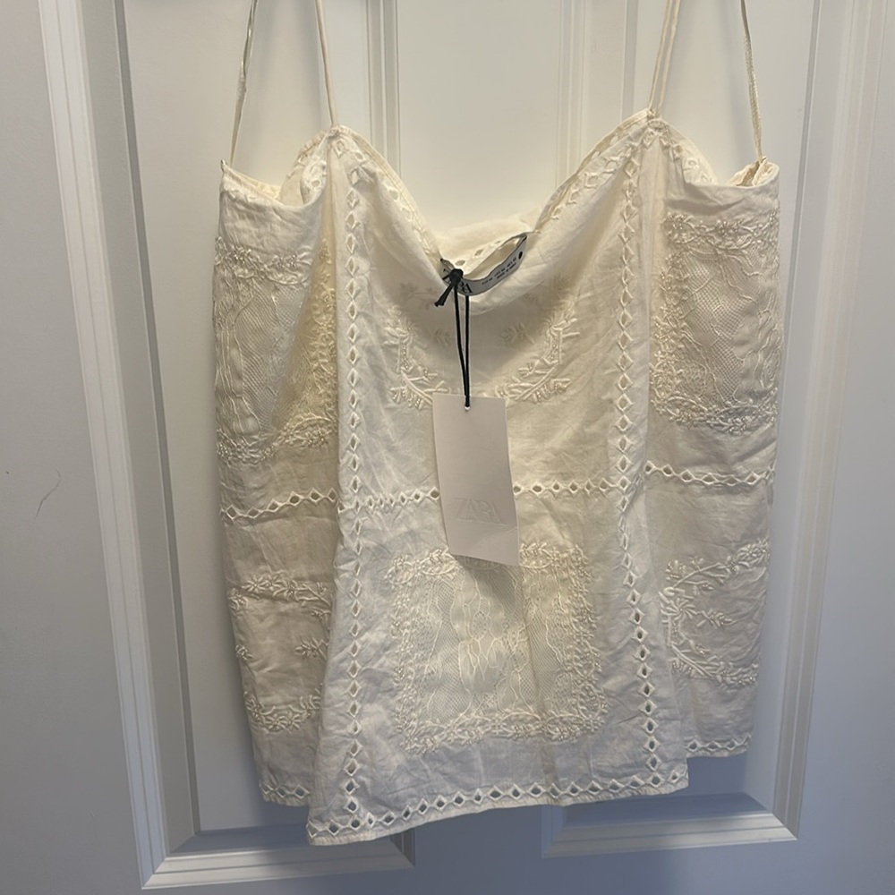 Zara Zw Collection Cream Embroidered Beaded Lace Top - Picture 3 of 10